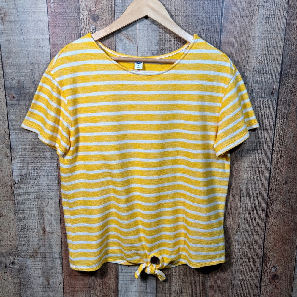 Old Navy Yellow White Striped 100% Cotton Front Tie Knot Short Sleeve Tee Large